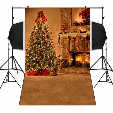 Fireplace Candlelight Christmas Tree Background Golden Christmas Photo Backdrop