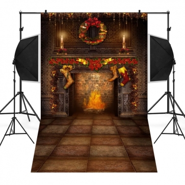 Fireplace Candlelight Christmas Wreath Snow Boots Christmas Photography Backdrops