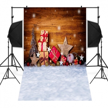 Various Gift Boxes Snow Wood Wall Photo Background Christmas Backdrops