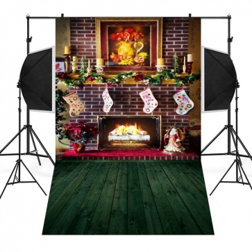  Brick Wall Fireplace Christmas Stocking Wood Floor Christmas Backdrop