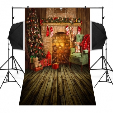  Stone Fireplace Christmas Tree Wood Floor Background Christmas Backdrop