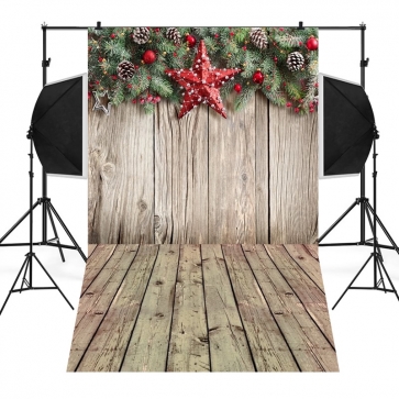 Pine Leaf Red Five Pointed Star Wood Floor Background Christmas Photography Backdrops
