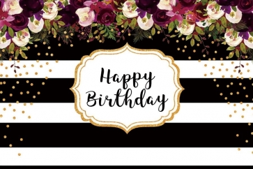 Black And White Striped Backdrop With Flowers Happy Party Birthday Photography Background