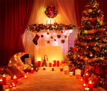 Christmas Tree Fireplace Candlelight Merry Christmas Backdrop Party Photography Background