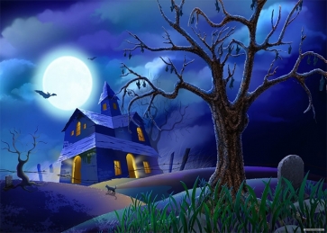 Under The Moon Wood House Scary Dead Tree Halloween Photo Booth Backdrop Decoration Prop