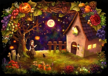 Under The Moon Wood House Halloween Wonderland Backdrop Photo Booth Stage Photography Background Party Decoration Prop