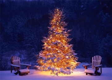 Outdoor Snow Covered Gold Light Decoration Christmas Tree Backdrop Stage Party Photography Background