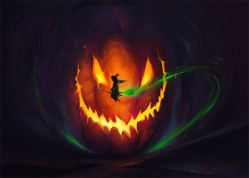 Scary Dark Pumpkin Witch Flying On Broom Halloween Backdrop Stage Decoration Prop Photo Booth Photography Background