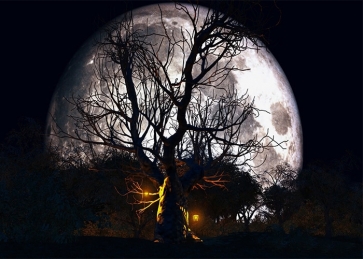 Huge Moon Dark Tree Halloween Photo Backdrop Party Decoration Prop Background
