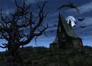 Collapsed Wood House Scary Bat Halloween Party Backdrop Stage Photography Background Decoration Prop