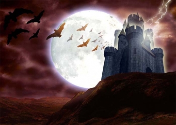 Moon Under Lightning Flight Bat Castle Halloween Backdrop Photography Background Decoration Prop
