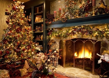 Retro Resplendent Medieval Building Fireplace Christmas Tree Backdrop Party Decoration Prop Background