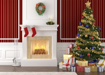White Fireplace Christmas Tree Backdrop Party Decoration Prop Photography Background