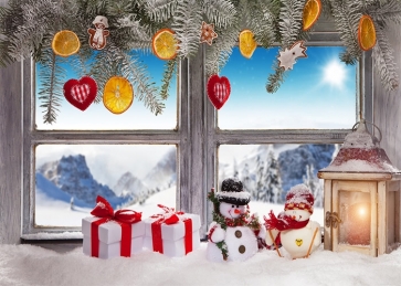 Snow Covered Retro Wood Glass Windows Christmas Backdrop Photo Booth Photography Background