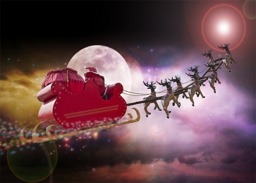 Santa's Sleigh Flying At Moon Sky Christmas Party Backdrop Stage Photography Background