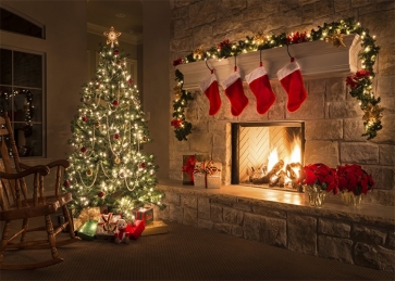 Vintage Stone Fireplace Christmas Tree Backdrop Party Decoration Prop Photography Background