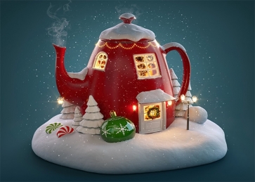 Wonderland Snow Covered Red Kettle House Christmas Backdrop Photo Booth Photography Background