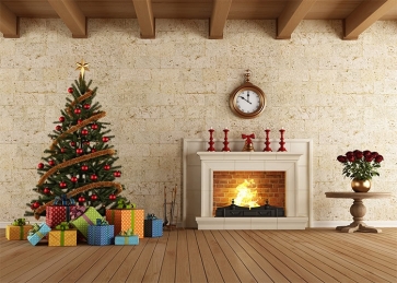 Retro White Fireplace Christmas Tree Backdrop Christmas Party Background Decoration Prop