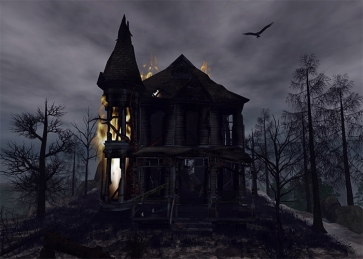 Scary Forest On Fire Wood House Halloween Backdrop Stage Decoration Prop Photography Background