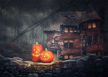 Dark Forest Dilapidated Castle Pumpkin Halloween Backdrop Studio Photography Background