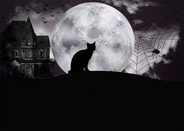 Full Moon Dark Cat Spider Web Black And White Halloween Backdrop Stage Party Decoration Prop