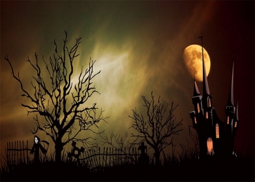 Under The Gold Moon Dark Skull Graveyard Castle Halloween Backdrop Party Decoration Prop Background