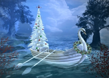 Wonderland Swan Wood Boat White Christmas Tree Backdrop Stage Party Photography Background
