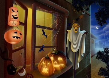 Pumpkins On The Window White Ghost Halloween Party Backdrop Photography Background Prop