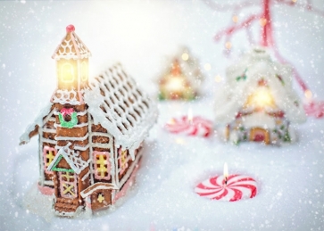 Snowing Sugar Cane Lollipop Candy Gingerbread House Christmas Party Backdrop Stage Photography Background