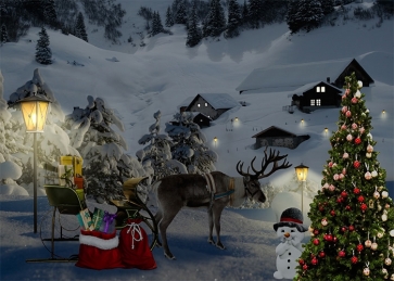 Snow Covered Village Wood House Reindeer Sled Christmas Tree Backdrop Photography Background