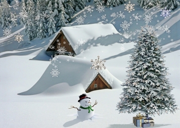 Snow Covered Wood House Snowman Christmas Tree Backdrop Stage Photography Background