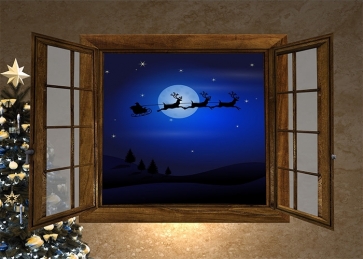 Outside The Retro Window Flight  Reindeer Sled Christmas Backdrop  Stage Photography Background