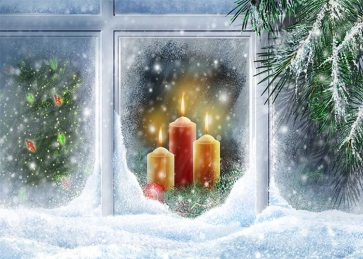 Snow Covered Glass Window Candlelight Christmas Party Backdrop Photography Background