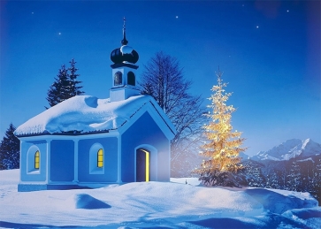 Winter Snow Covered House Gold Light Decoration Christmas Tree Backdrop Party Stage Photography Background