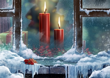 Winter Snow Covered Glass Window Candlelight Christmas Stage Backdrops Party Photography Background