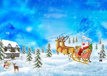 Cute Cartoon Santa's Flight Reindeer Sled Merry Christmas Backdrop Party Photography Background