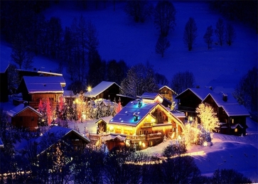 Winter Night Snow Covered Village Christmas Party Backdrop Stage Photography Background