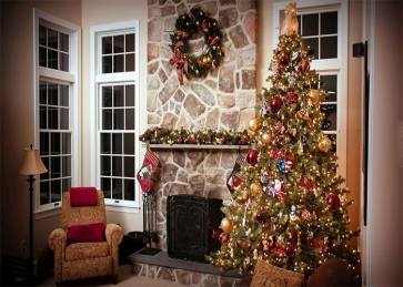 Christmas Tree  Retro Stone Fireplace Backdrop Stage Photo Booth Photography Background