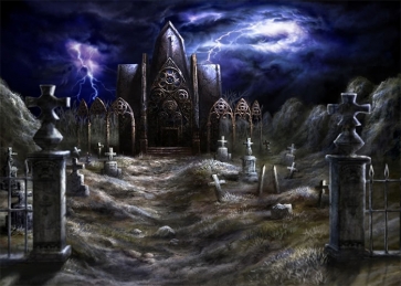 Terrifying Under Lightning Scary Cemetery Graveyard Halloween Backdrop Party Stage Photography Background