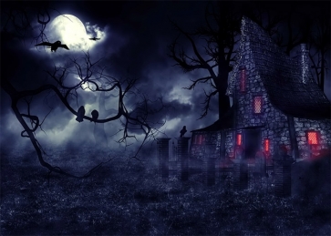 Under The Moon Scary Dark Forest Stone House Halloween Backdrop Party Stage Photography Background