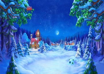 Cute Cartoon Winter Scene Snow Covered Christmas Village Backdrop Stage Photography Background