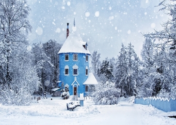 Snow Covered Forest Blue Castle House Winter Scene Christmas Backdrop Stage Photography Background