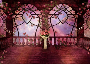 Retro Middle Ages Balcony Pink Rose Garden Wedding Backdrop Photography Background