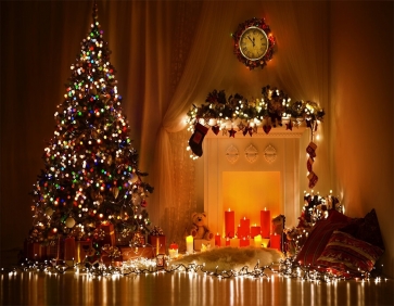 Fireplace Christmas Tree Backdrop Party Photography Background Decoration Prop