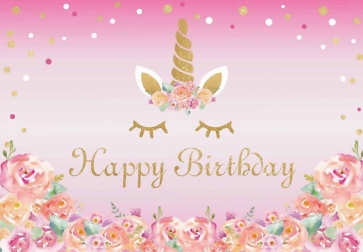Pink Background Flower Golden Glitter Girl Happy Birthday Party Unicorn Backdrop Cake Smash Decoration Prop