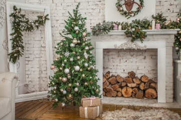 White Bricks Fireplace Christmas Tree Backdrop Photography Background Decoration Prop