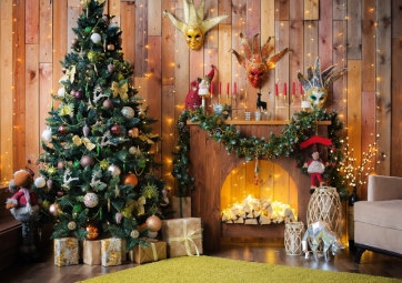 Wood Wall Fireplace Christmas Tree Backdrop Photo Booth Stage Photography Background Decoration Prop