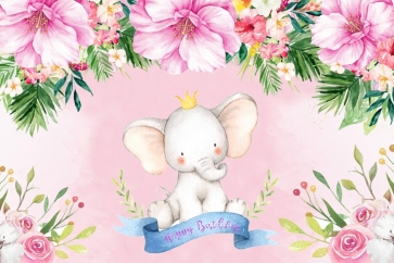 Flower And Elephant Kid Baby Happy Birthday Backdrop Decoration Props Photography Background