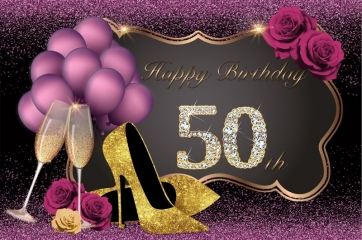 Purple Balloons Gold High-heeled Shoes Flowers Happy 50th Birthday