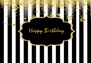 Black And White Striped Background With Gold Happy Birthday Party Backdrop Decorations Prop